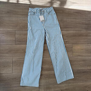 Ganni Blue and White Vertical Stripe Wide Leg Jeans